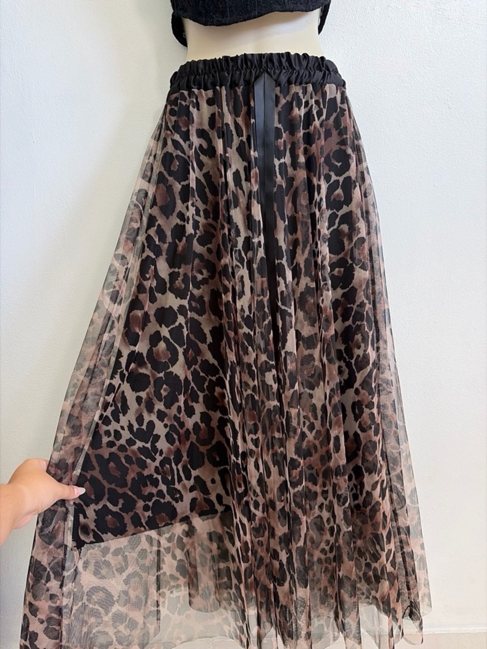 Leopard Print Overlay Maxi Skirt - Brown/Black M/L